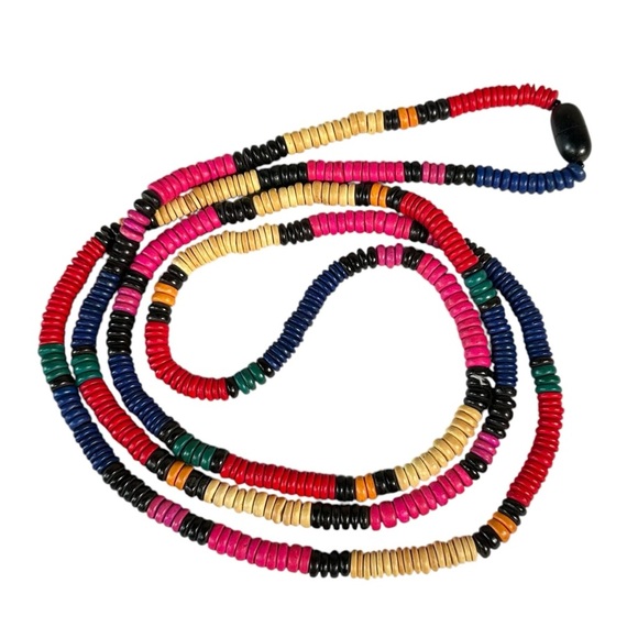 VINTAGE Long African Hand-Made Wood Beaded Necklace - Picture 7 of 7